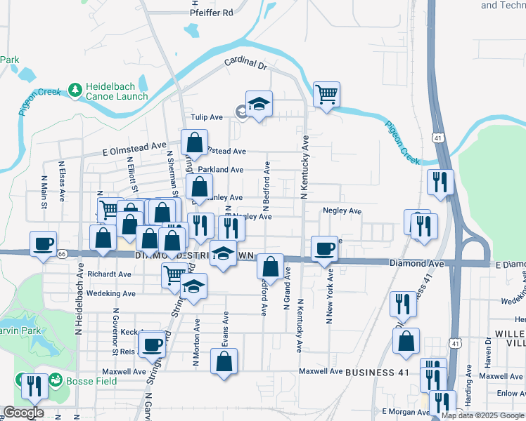 map of restaurants, bars, coffee shops, grocery stores, and more near 2467 North Bedford Avenue in Evansville