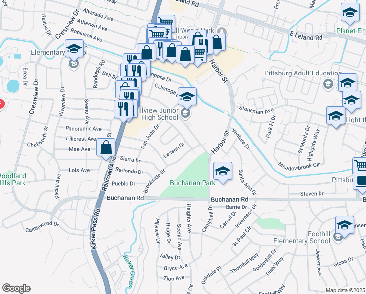 map of restaurants, bars, coffee shops, grocery stores, and more near 3809 Lassen Drive in Pittsburg