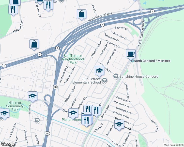 map of restaurants, bars, coffee shops, grocery stores, and more near 3617 Sanford Street in Concord