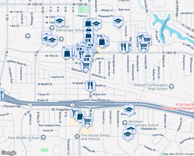 map of restaurants, bars, coffee shops, grocery stores, and more near 15 East Madill Street in Antioch