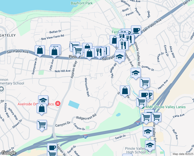 map of restaurants, bars, coffee shops, grocery stores, and more near 1813 Marlesta Court in Pinole