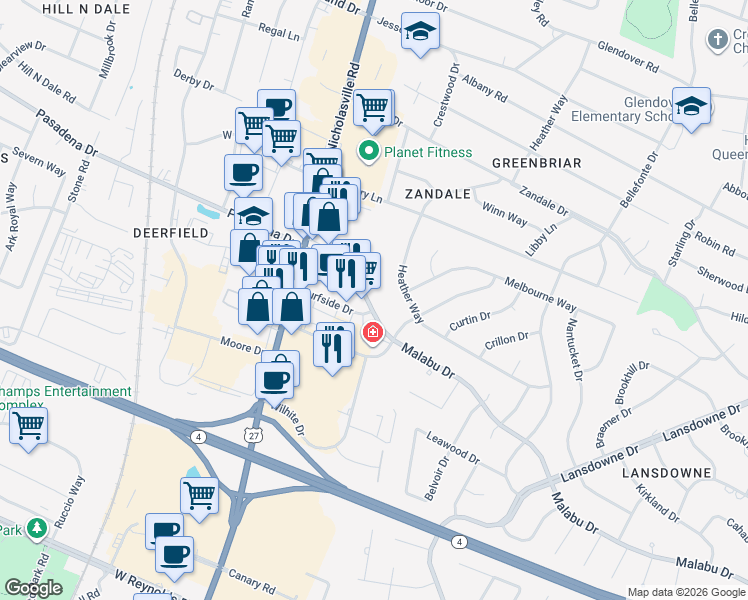 map of restaurants, bars, coffee shops, grocery stores, and more near 175 Malabu Drive in Lexington