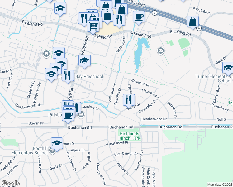 map of restaurants, bars, coffee shops, grocery stores, and more near 3767 Arlington Circle in Pittsburg