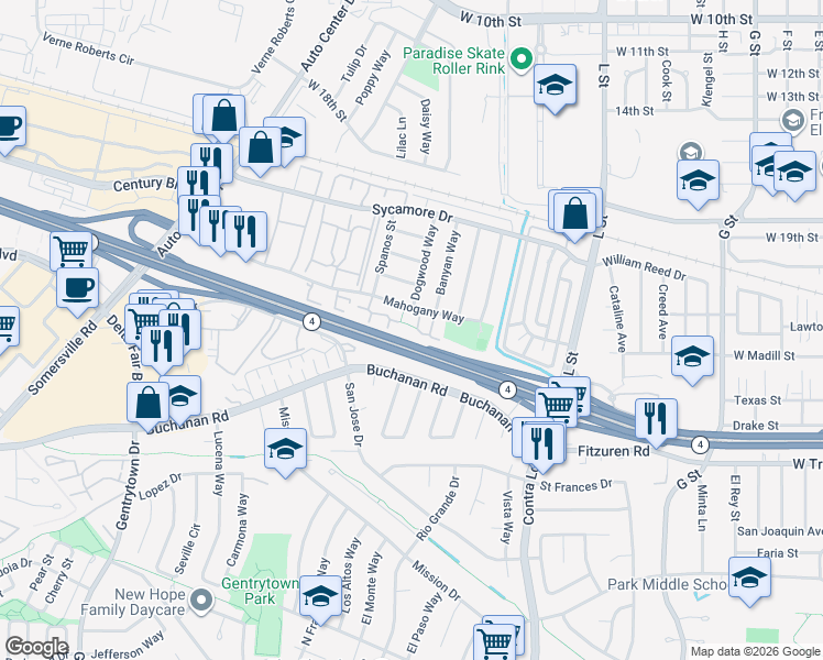 map of restaurants, bars, coffee shops, grocery stores, and more near 2415 Sunny Lane in Antioch