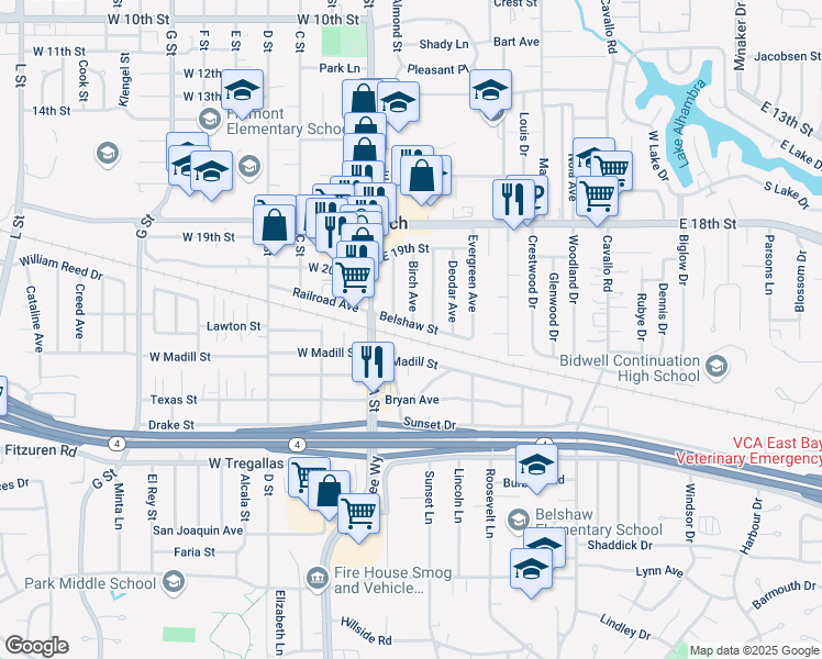 map of restaurants, bars, coffee shops, grocery stores, and more near 30 Belshaw Street in Antioch
