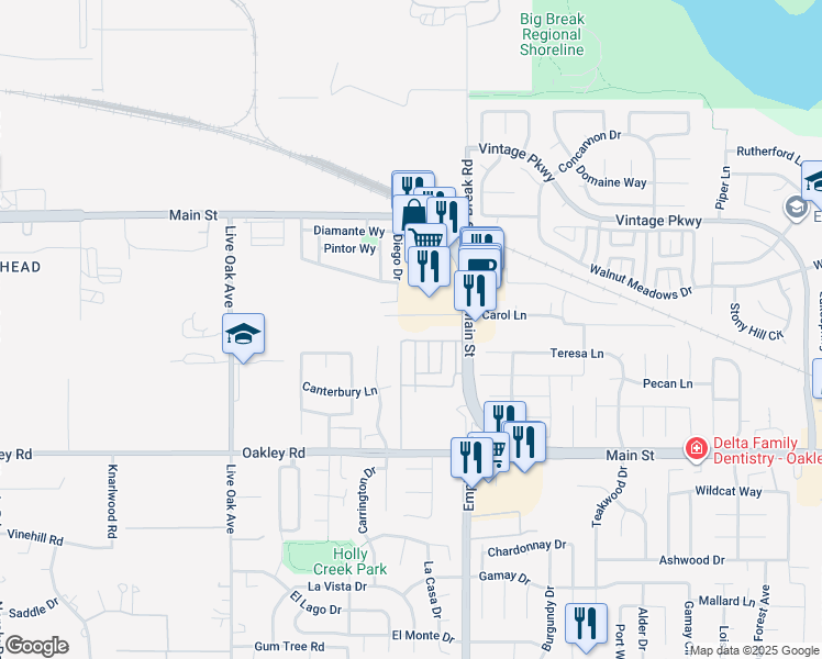 map of restaurants, bars, coffee shops, grocery stores, and more near 85 Carol Lane in Oakley