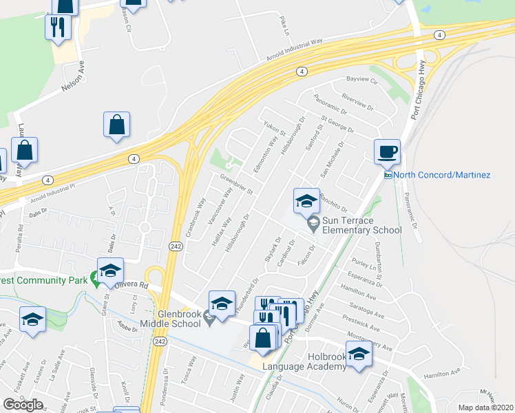 map of restaurants, bars, coffee shops, grocery stores, and more near 3601 Hillsborough Drive in Concord