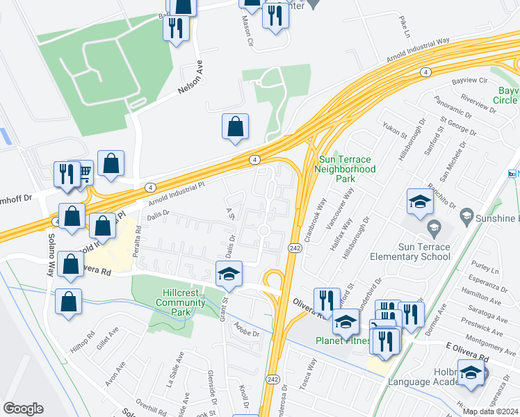 map of restaurants, bars, coffee shops, grocery stores, and more near 3540 Northwood Drive in Concord
