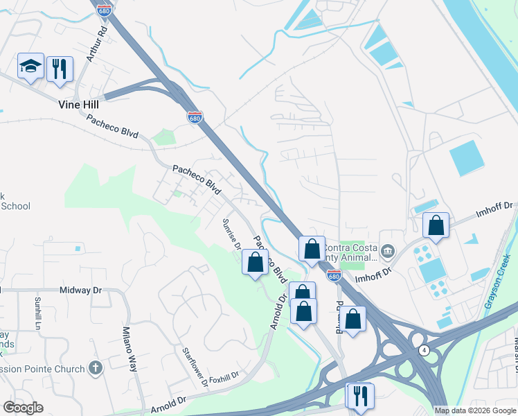 map of restaurants, bars, coffee shops, grocery stores, and more near 4831 Pacheco Boulevard in Martinez