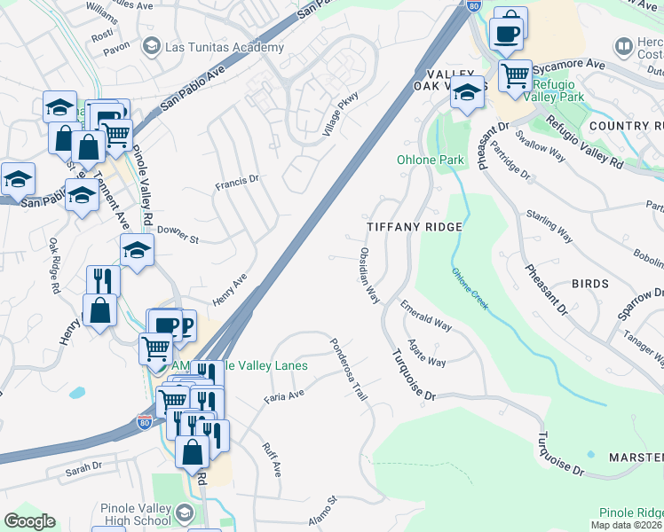 map of restaurants, bars, coffee shops, grocery stores, and more near 145 Amethyst Court in Hercules
