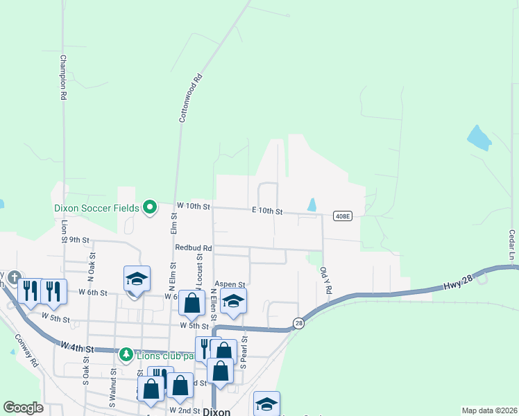 map of restaurants, bars, coffee shops, grocery stores, and more near 203 East 10th Street in Dixon