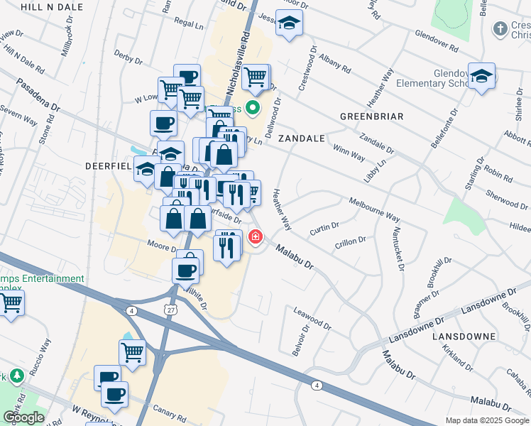 map of restaurants, bars, coffee shops, grocery stores, and more near 175 Malabu Drive in Lexington