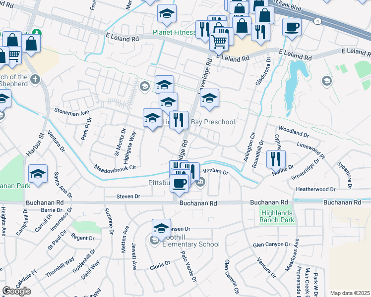 map of restaurants, bars, coffee shops, grocery stores, and more near 3057 Peppermill Circle in Pittsburg