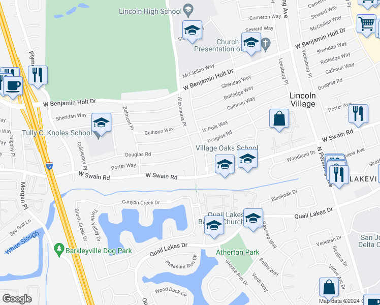 map of restaurants, bars, coffee shops, grocery stores, and more near 2207 Porter Way in Stockton