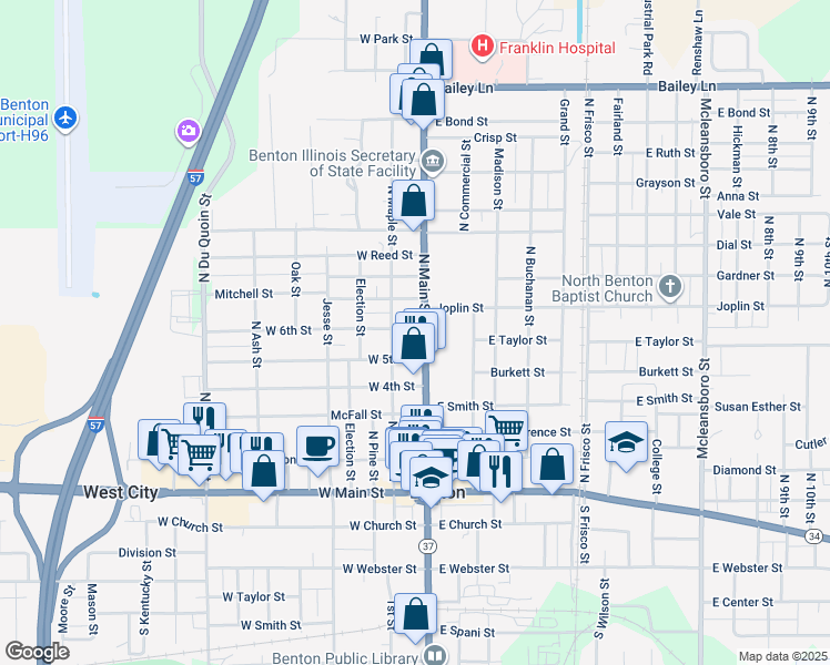 map of restaurants, bars, coffee shops, grocery stores, and more near 199 West 5th Street in Benton