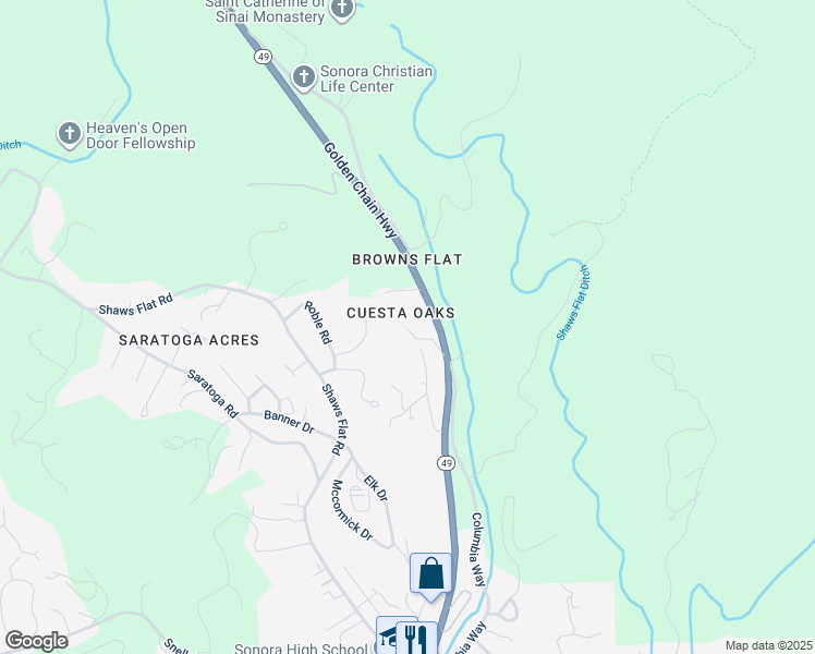 map of restaurants, bars, coffee shops, grocery stores, and more near 87 Briarwood Drive in Sonora