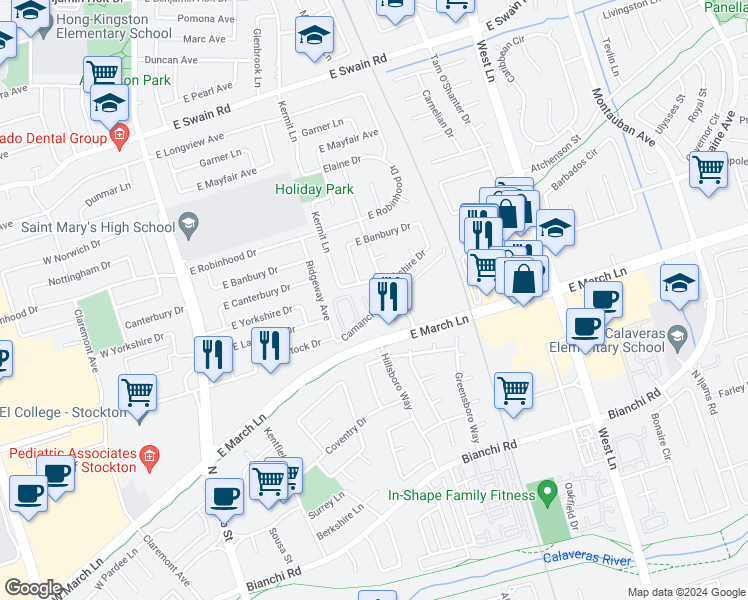 map of restaurants, bars, coffee shops, grocery stores, and more near 613 Camanche Lane in Stockton