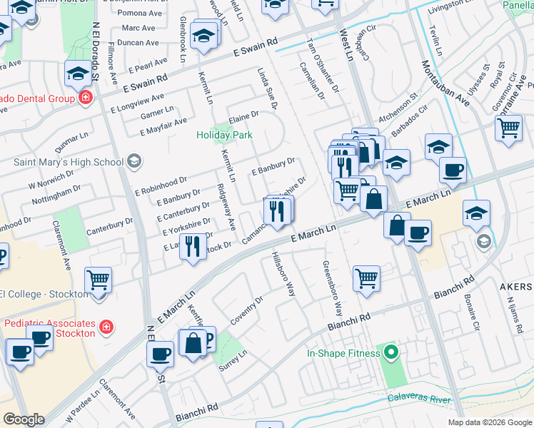 map of restaurants, bars, coffee shops, grocery stores, and more near 613 Camanche Lane in Stockton