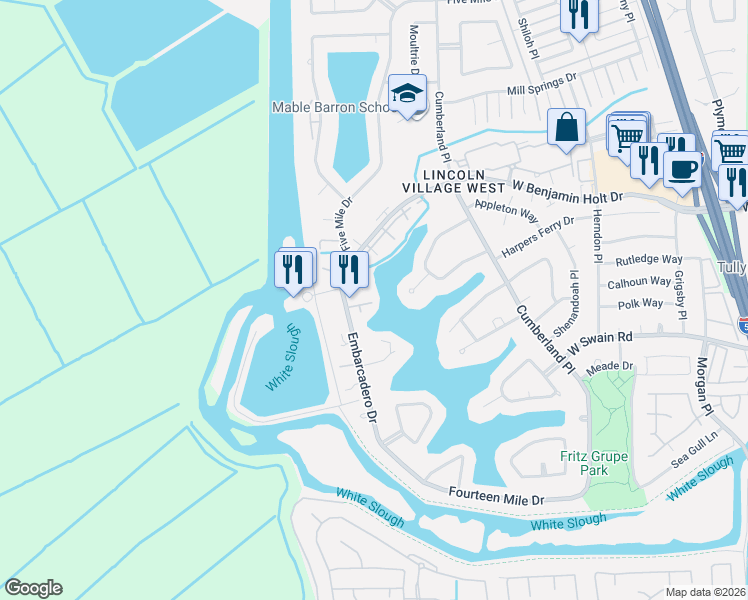 map of restaurants, bars, coffee shops, grocery stores, and more near 6536 Embarcadero Drive in Stockton
