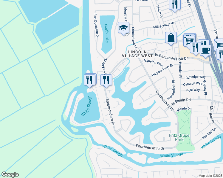 map of restaurants, bars, coffee shops, grocery stores, and more near 6536 Embarcadero Drive in Stockton