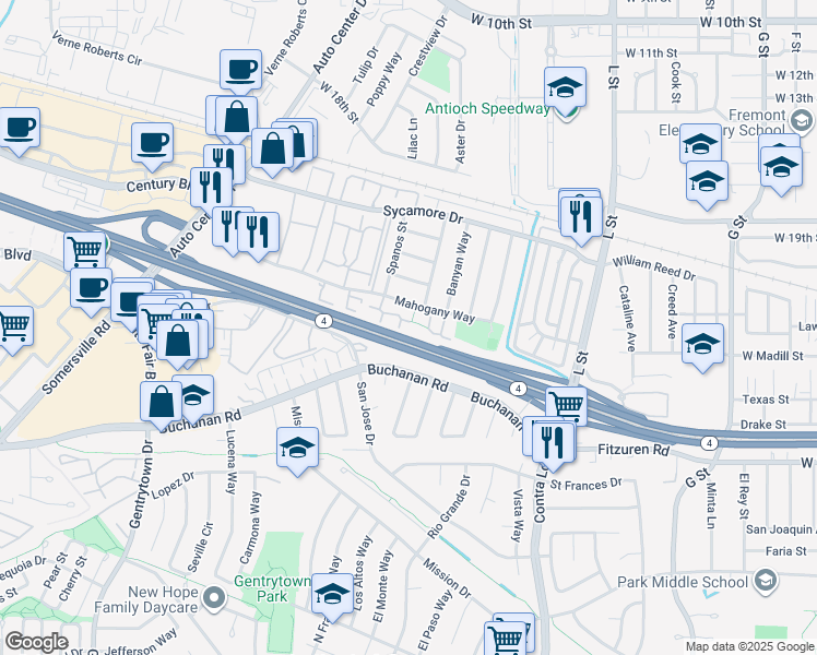 map of restaurants, bars, coffee shops, grocery stores, and more near 1416 Buchanan Road in Antioch
