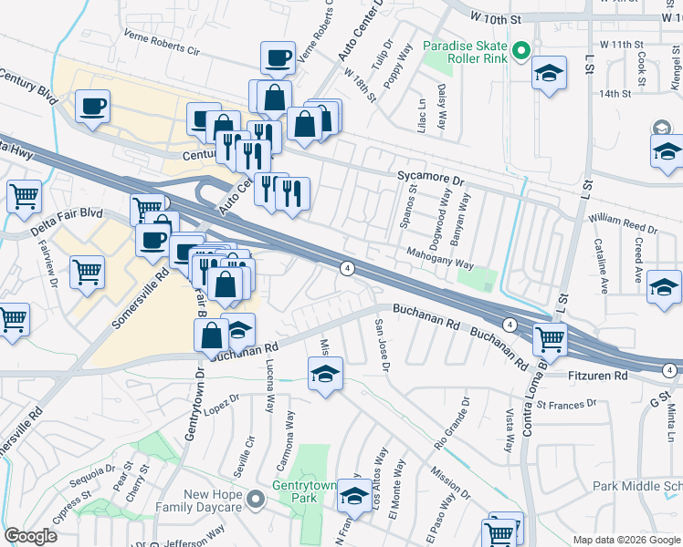 map of restaurants, bars, coffee shops, grocery stores, and more near 2005 San Jose Drive in Antioch