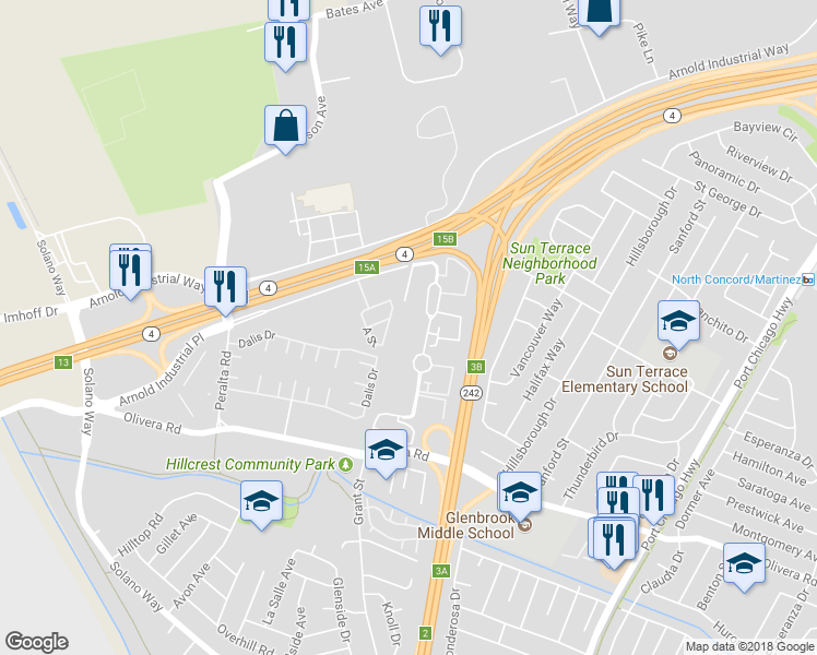 map of restaurants, bars, coffee shops, grocery stores, and more near 3530 Northwood Drive in Concord
