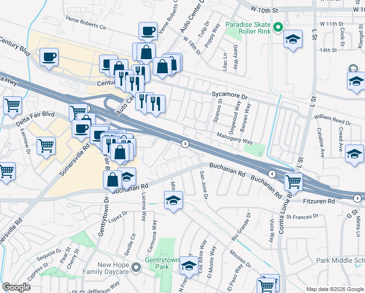 map of restaurants, bars, coffee shops, grocery stores, and more near 2005 San Jose Drive in Antioch