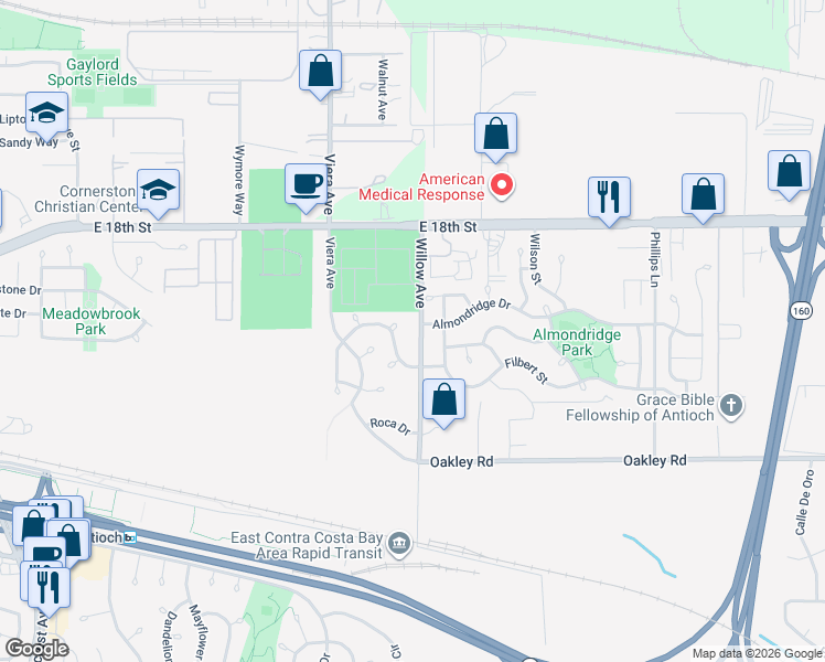 map of restaurants, bars, coffee shops, grocery stores, and more near 2116 Willow Avenue in Antioch