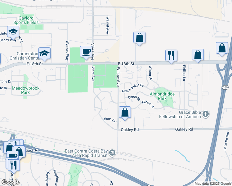 map of restaurants, bars, coffee shops, grocery stores, and more near 2116 Willow Avenue in Antioch