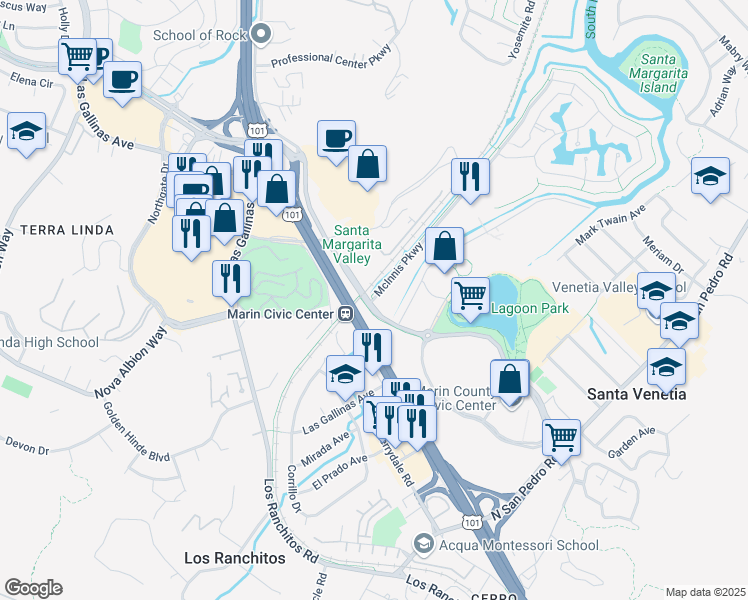 map of restaurants, bars, coffee shops, grocery stores, and more near 1 McInnis Parkway in San Rafael
