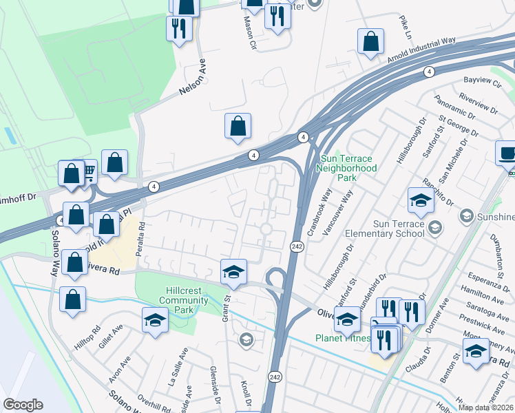 map of restaurants, bars, coffee shops, grocery stores, and more near 3530 Northwood Drive in Concord