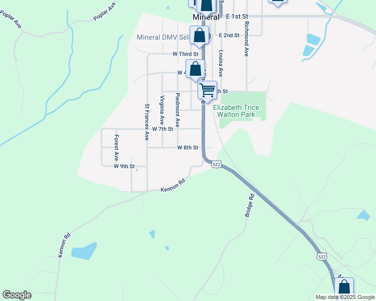 map of restaurants, bars, coffee shops, grocery stores, and more near 201 West 8th Street in Mineral