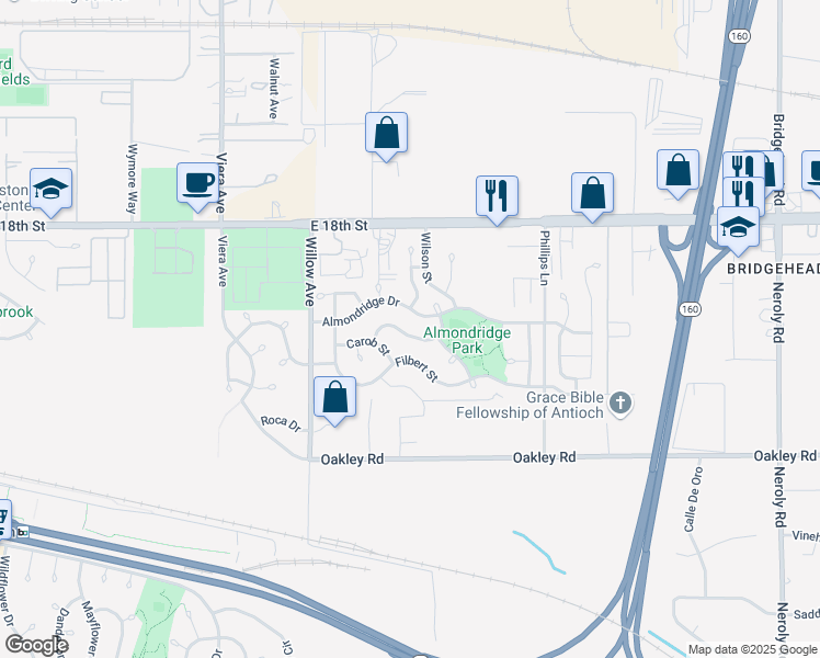map of restaurants, bars, coffee shops, grocery stores, and more near 2851 Cashew Street in Antioch