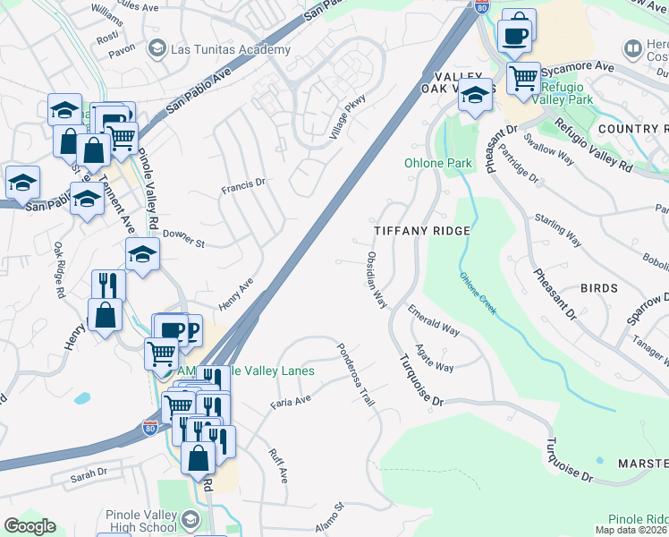 map of restaurants, bars, coffee shops, grocery stores, and more near 145 Amethyst Court in Hercules