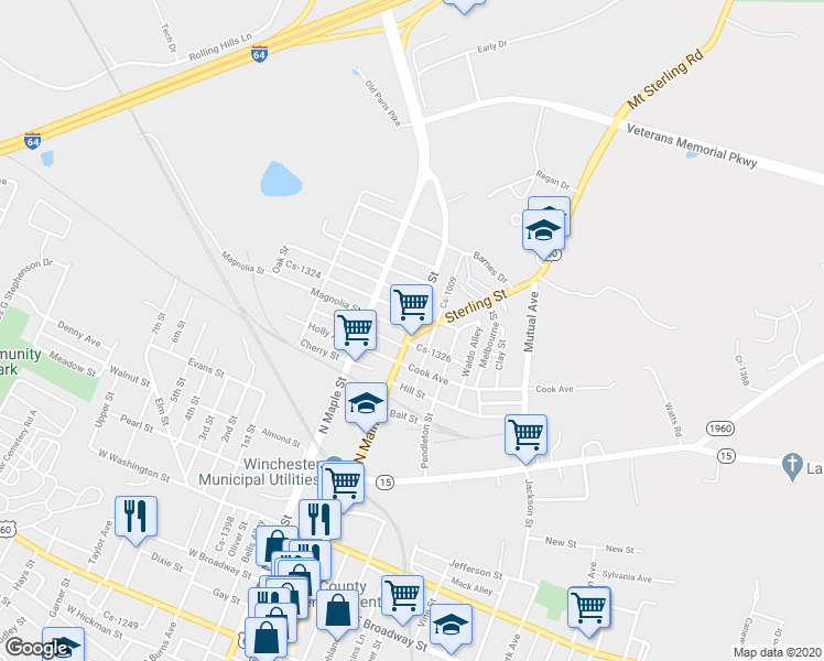 map of restaurants, bars, coffee shops, grocery stores, and more near 0 Mount Sterling Road in Winchester