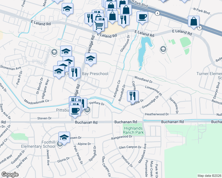map of restaurants, bars, coffee shops, grocery stores, and more near 1485 Waverly Way in Pittsburg