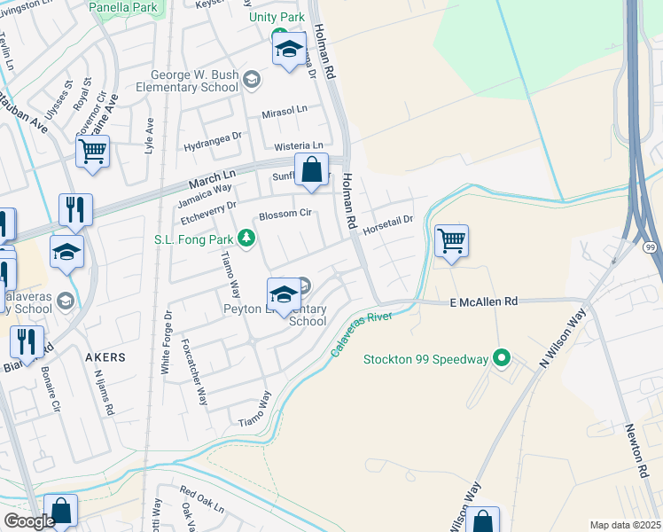 map of restaurants, bars, coffee shops, grocery stores, and more near 2735 Twin Bridges Lane in Stockton