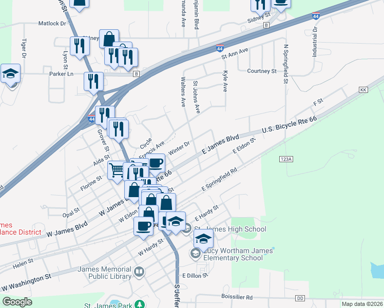 map of restaurants, bars, coffee shops, grocery stores, and more near 301 Walters Avenue in Saint James