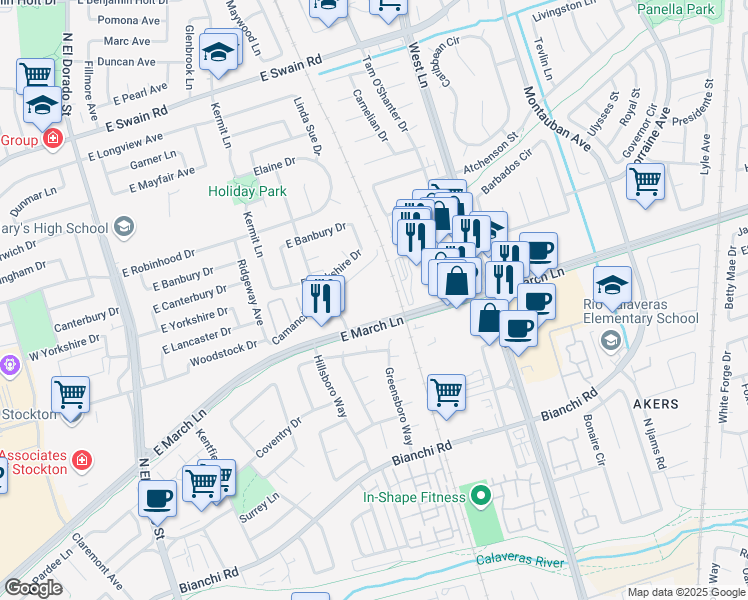 map of restaurants, bars, coffee shops, grocery stores, and more near 877 East March Lane in Stockton