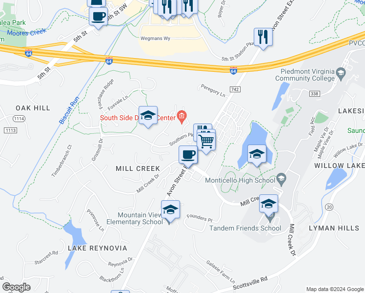 map of restaurants, bars, coffee shops, grocery stores, and more near 1273 Millpond Road in Charlottesville