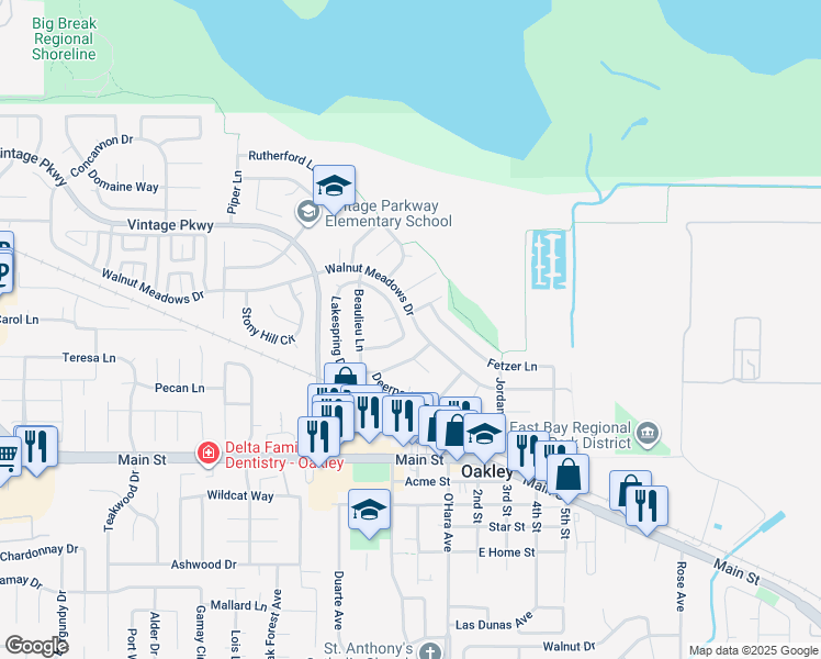 map of restaurants, bars, coffee shops, grocery stores, and more near 353 Lakespring Place in Oakley