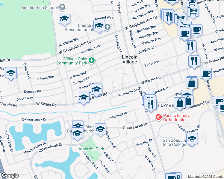 map of restaurants, bars, coffee shops, grocery stores, and more near 1711 West Swain Road in Stockton