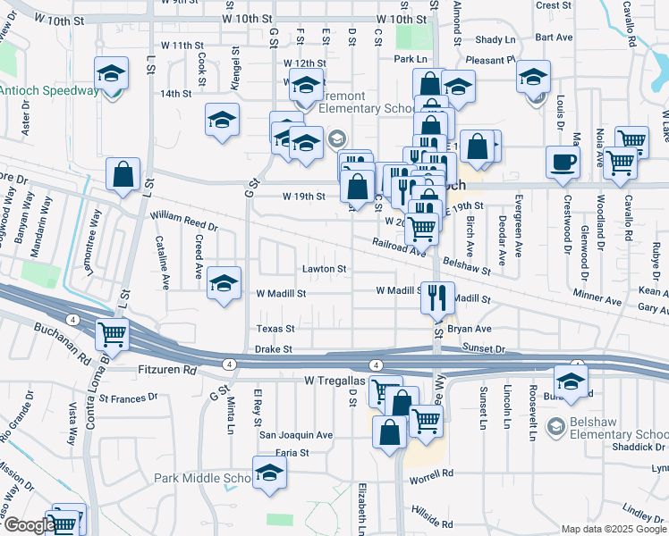 map of restaurants, bars, coffee shops, grocery stores, and more near 318 Lawton Street in Antioch