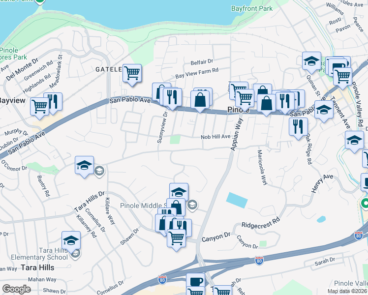 map of restaurants, bars, coffee shops, grocery stores, and more near 1107 Nob Hill Avenue in Pinole