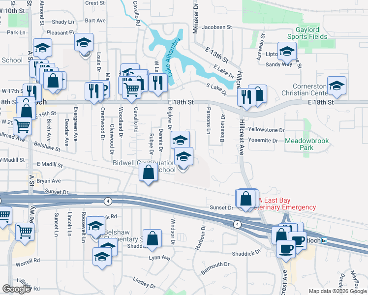 map of restaurants, bars, coffee shops, grocery stores, and more near 2216 Garden Court in Antioch