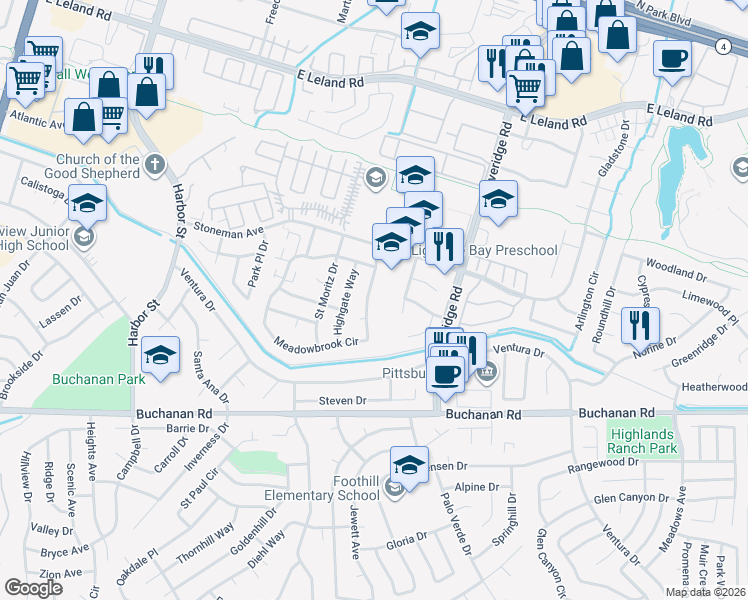 map of restaurants, bars, coffee shops, grocery stores, and more near 3968 Meadowbrook Circle in Pittsburg