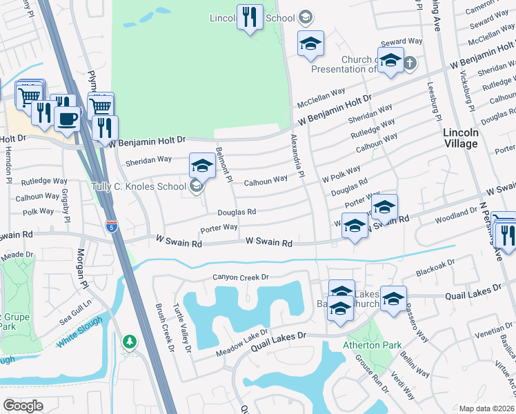 map of restaurants, bars, coffee shops, grocery stores, and more near 2403 West Polk Way in Stockton