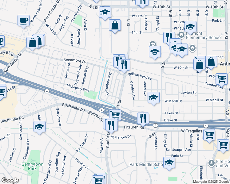 map of restaurants, bars, coffee shops, grocery stores, and more near 2204 L Street in Antioch