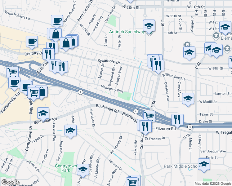 map of restaurants, bars, coffee shops, grocery stores, and more near 2314 Mandarin Way in Antioch